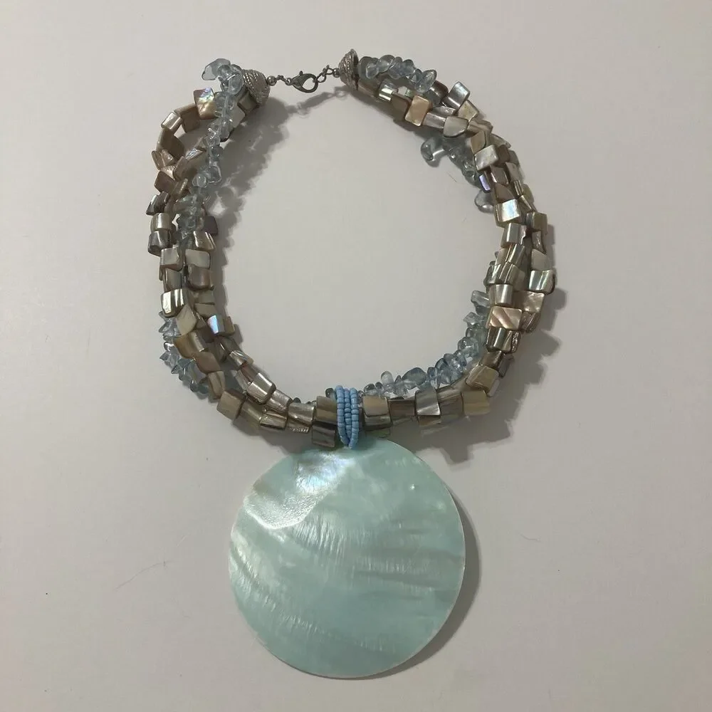 Brown Multi-Layer Beaded Light Blue Round Shell Pendant Necklace Beach Sea